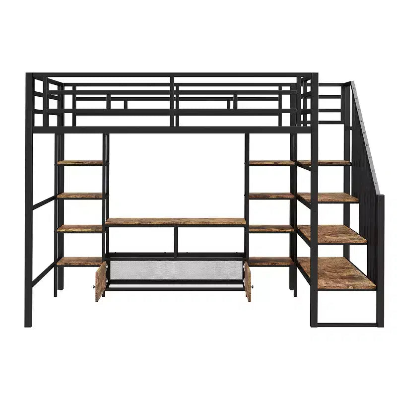 Lit mezzanine en métal pleine grandeur 91,5"L x 56,3"l avec escalier, table de rangement basse et étagères de rangement