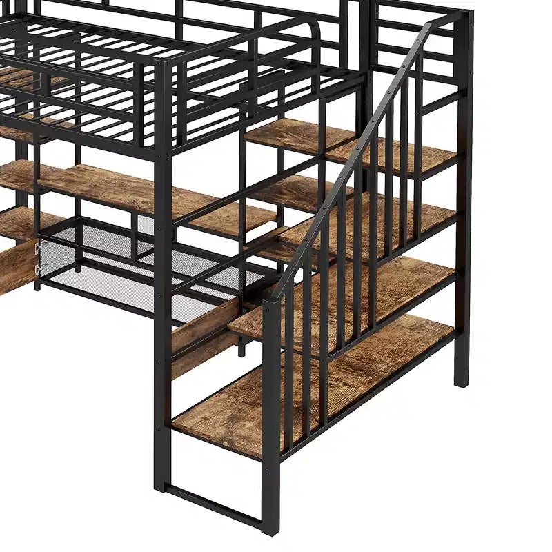 Lit mezzanine en métal pleine grandeur 91,5"L x 56,3"l avec escalier, table de rangement basse et étagères de rangement