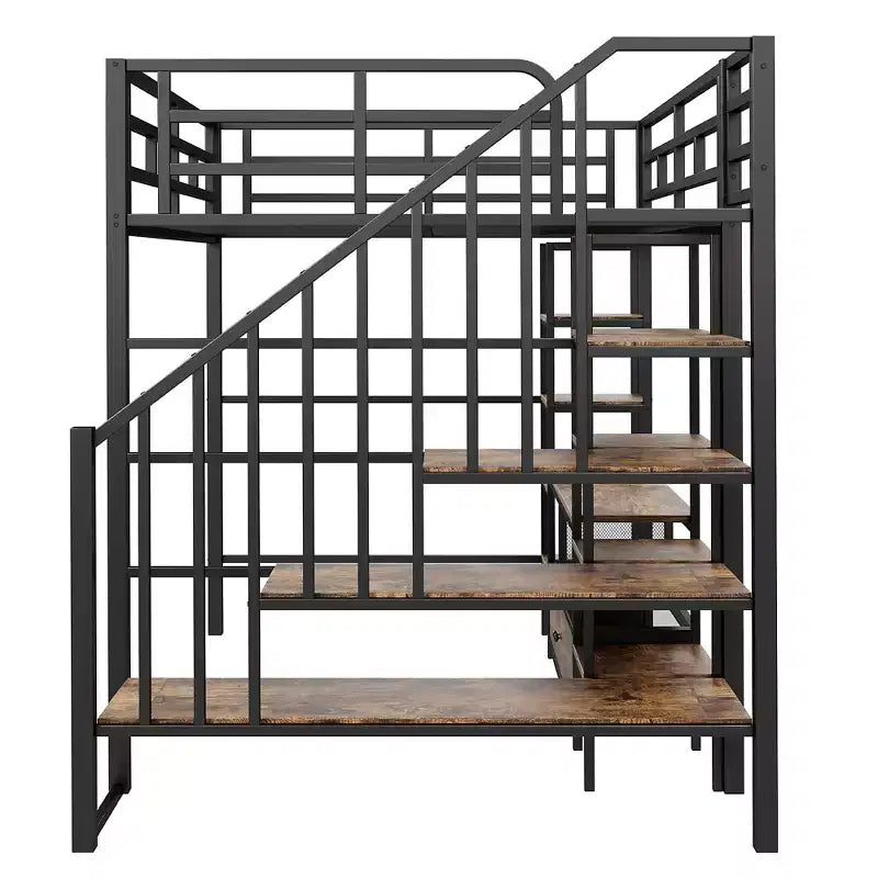 Lit mezzanine en métal pleine grandeur 91,5"L x 56,3"l avec escalier, table de rangement basse et étagères de rangement
