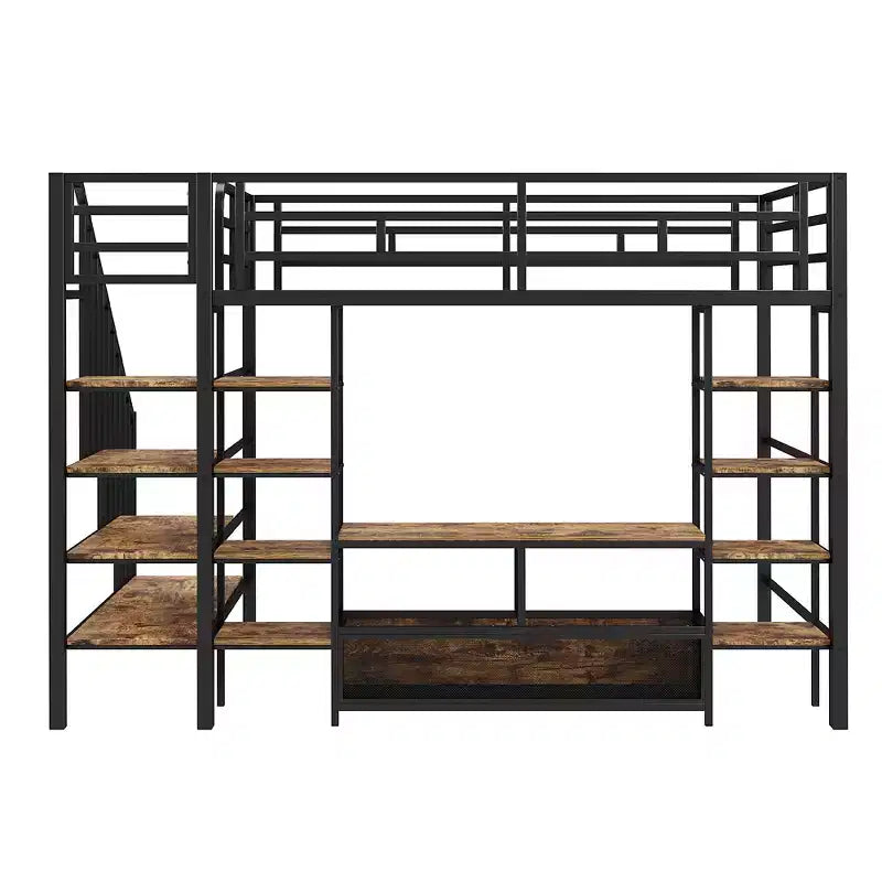 Lit mezzanine en métal pleine grandeur 91,5"L x 56,3"l avec escalier, table de rangement basse et étagères de rangement