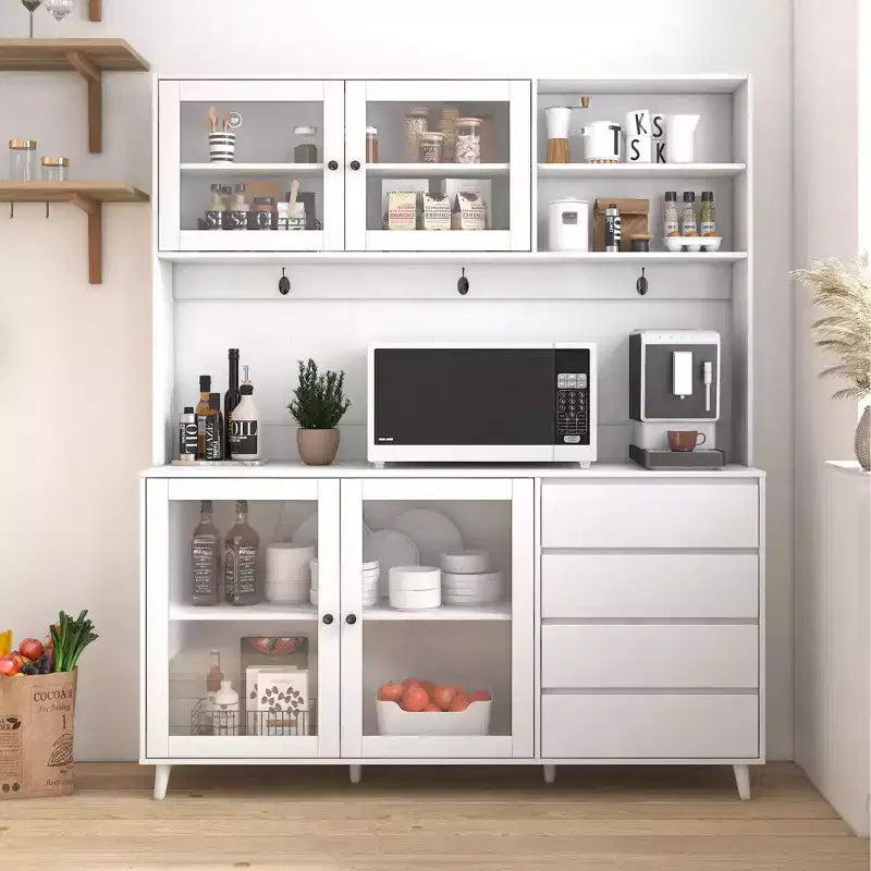 63W Kitchen Hutch Cabinet Kitchen Pantry Storage Cabinet Buffet Cabinet Cupboard with Drawers, Hanging Hooks and Microwave Shelf, White-ModernLuxe