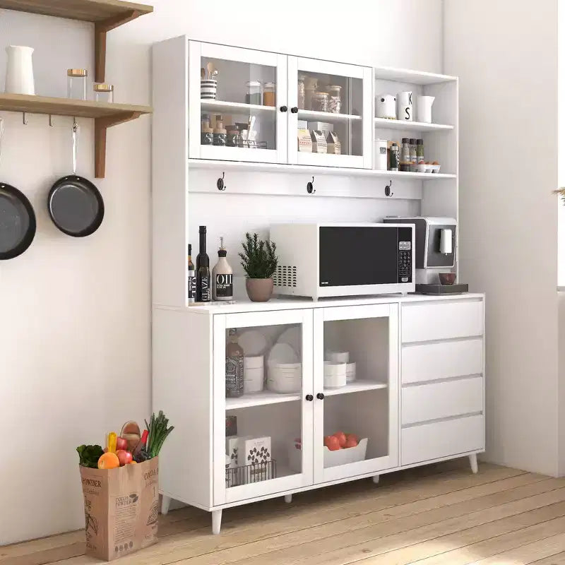 Buffet de cuisine 63W, armoire de rangement pour garde-manger, avec tiroirs, crochets de suspension et étagère à micro-ondes, blanc-ModernLuxe