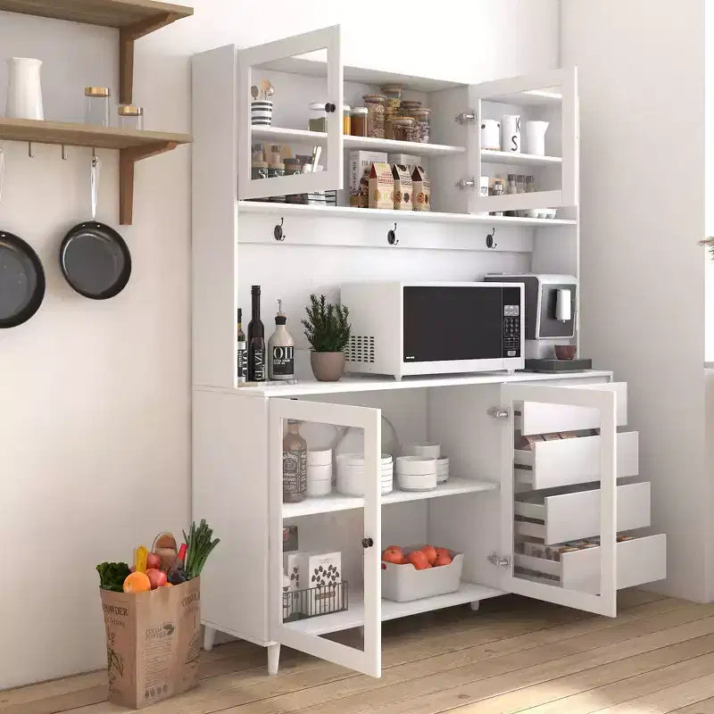 Buffet de cuisine 63W, armoire de rangement pour garde-manger, avec tiroirs, crochets de suspension et étagère à micro-ondes, blanc-ModernLuxe