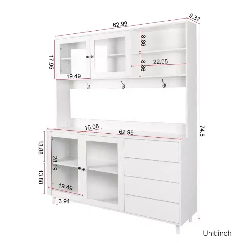 Buffet de cuisine 63W, armoire de rangement pour garde-manger, avec tiroirs, crochets de suspension et étagère à micro-ondes, blanc-ModernLuxe
