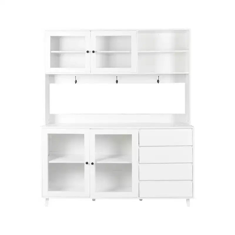 Buffet de cuisine 63W, armoire de rangement pour garde-manger, avec tiroirs, crochets de suspension et étagère à micro-ondes, blanc-ModernLuxe