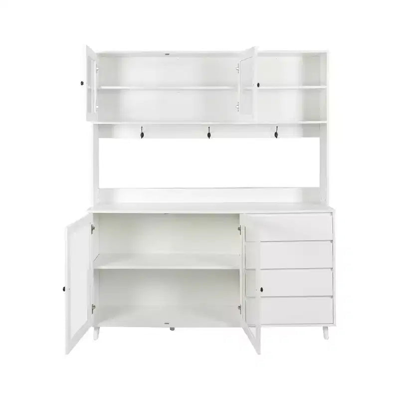 Buffet de cuisine 63W, armoire de rangement pour garde-manger, avec tiroirs, crochets de suspension et étagère à micro-ondes, blanc-ModernLuxe