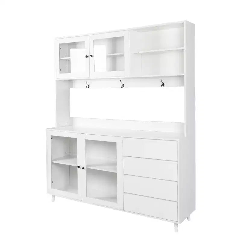 Buffet de cuisine 63W, armoire de rangement pour garde-manger, avec tiroirs, crochets de suspension et étagère à micro-ondes, blanc-ModernLuxe
