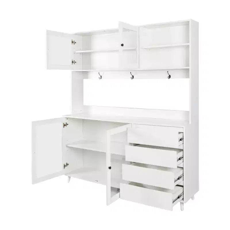 Buffet de cuisine 63W, armoire de rangement pour garde-manger, avec tiroirs, crochets de suspension et étagère à micro-ondes, blanc-ModernLuxe