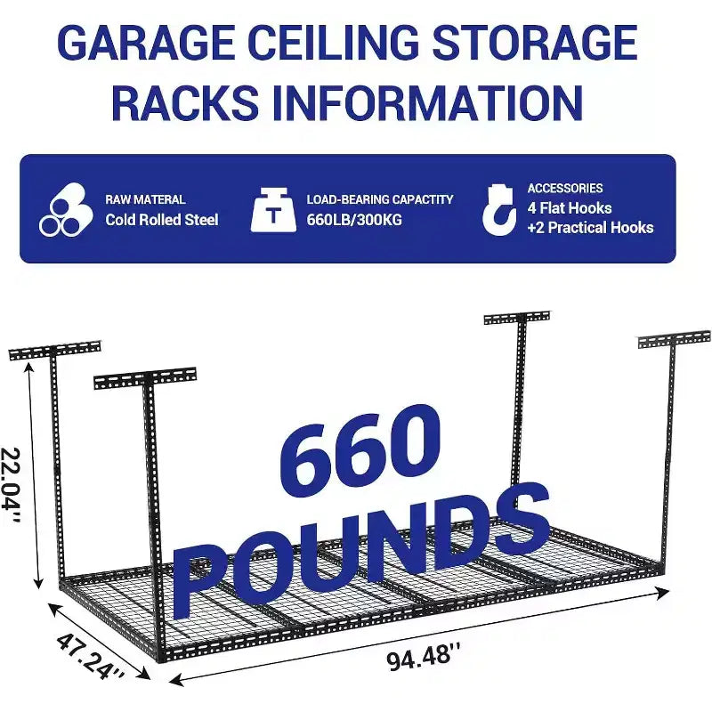 Support de rangement suspendu réglable en hauteur pour garage, en métal, capacité 300 kg