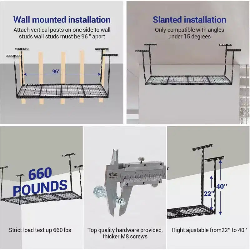 Support de rangement suspendu réglable en hauteur pour garage, en métal, capacité 300 kg