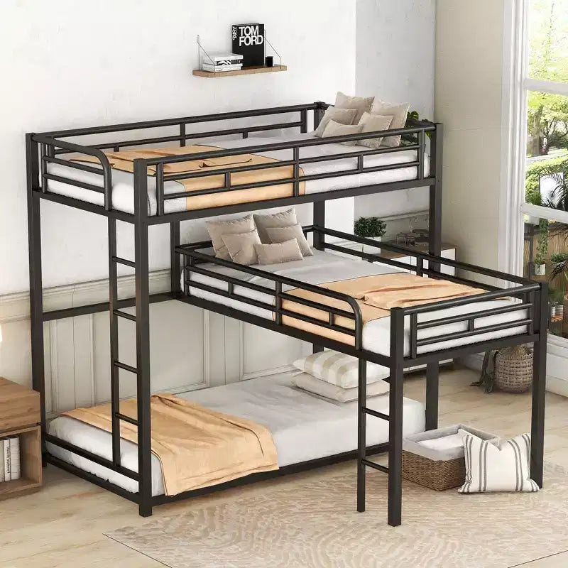 Whisen L-shaped Metal Triple Twin Size Bunk Bed with 2 Ladders- Black