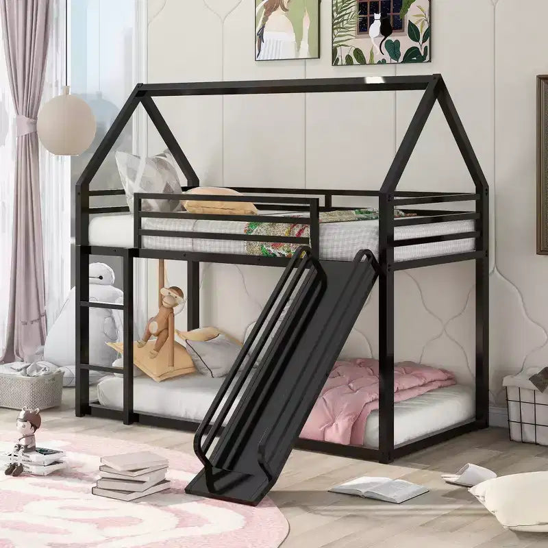 Whisen Twin over Twin Metal House Bunk Bed with Convertible Slide and Ladder