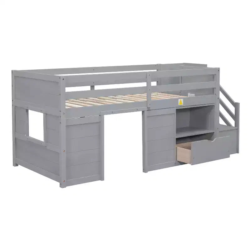 Lit mezzanine bas en bois massif, taille double, avec escalier, tiroir et étagère, design moderne et épuré, 94,6 L x 42,3 l po