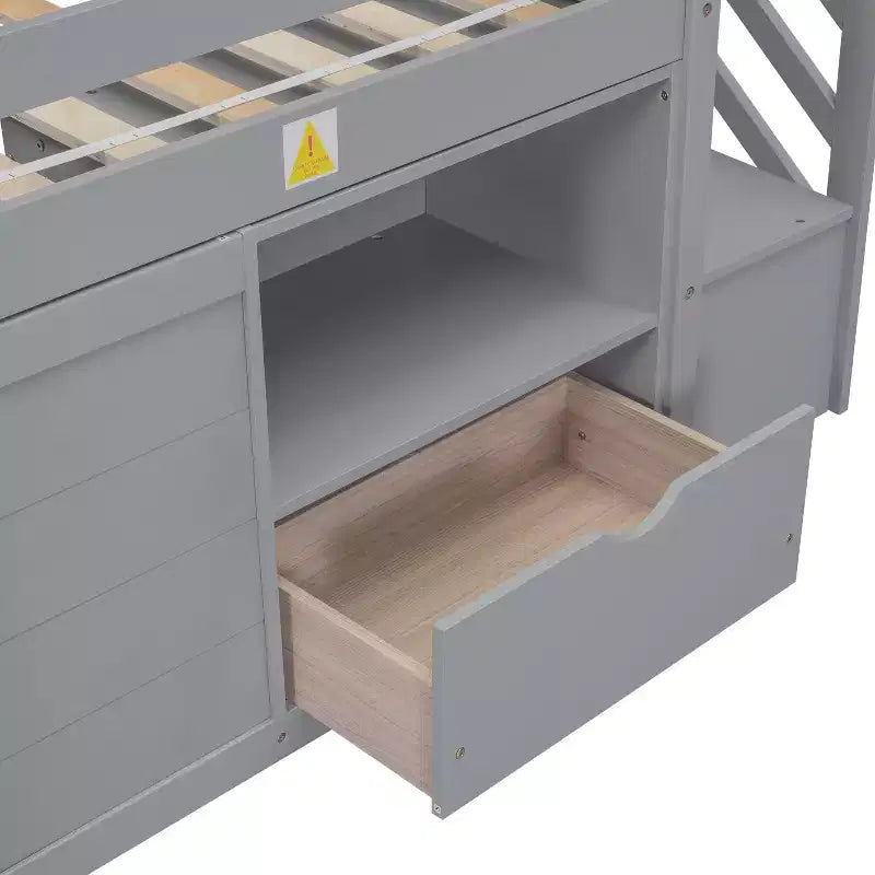 Lit mezzanine bas en bois massif, taille double, avec escalier, tiroir et étagère, design moderne et épuré, 94,6 L x 42,3 l po