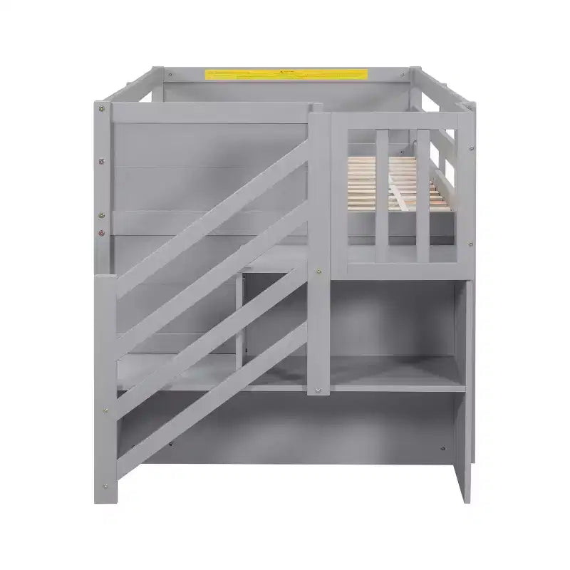 Lit mezzanine bas en bois massif, taille double, avec escalier, tiroir et étagère, design moderne et épuré, 94,6 L x 42,3 l po