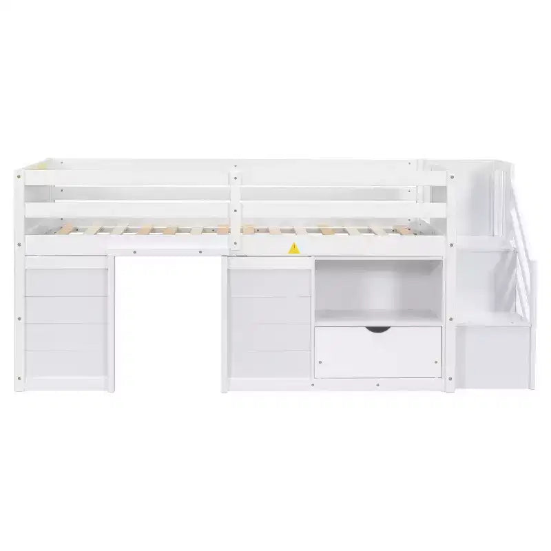 Lit mezzanine bas en bois massif, taille double, avec escalier, tiroir et étagère, design moderne et épuré, 94,6 L x 42,3 l po
