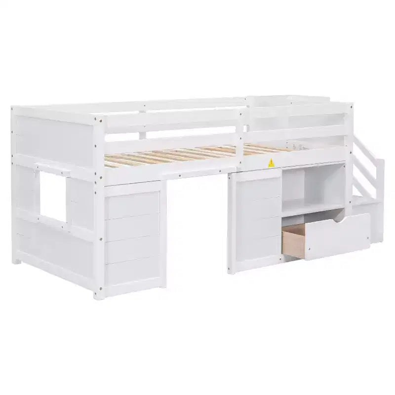 Lit mezzanine bas en bois massif, taille double, avec escalier, tiroir et étagère, design moderne et épuré, 94,6 L x 42,3 l po