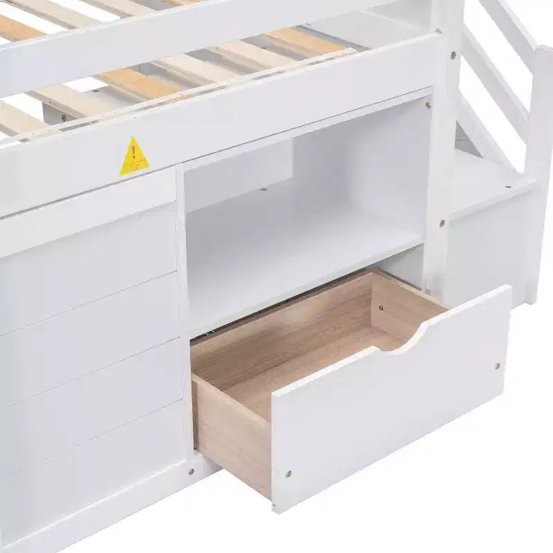 Lit mezzanine bas en bois massif, taille double, avec escalier, tiroir et étagère, design moderne et épuré, 94,6 L x 42,3 l po