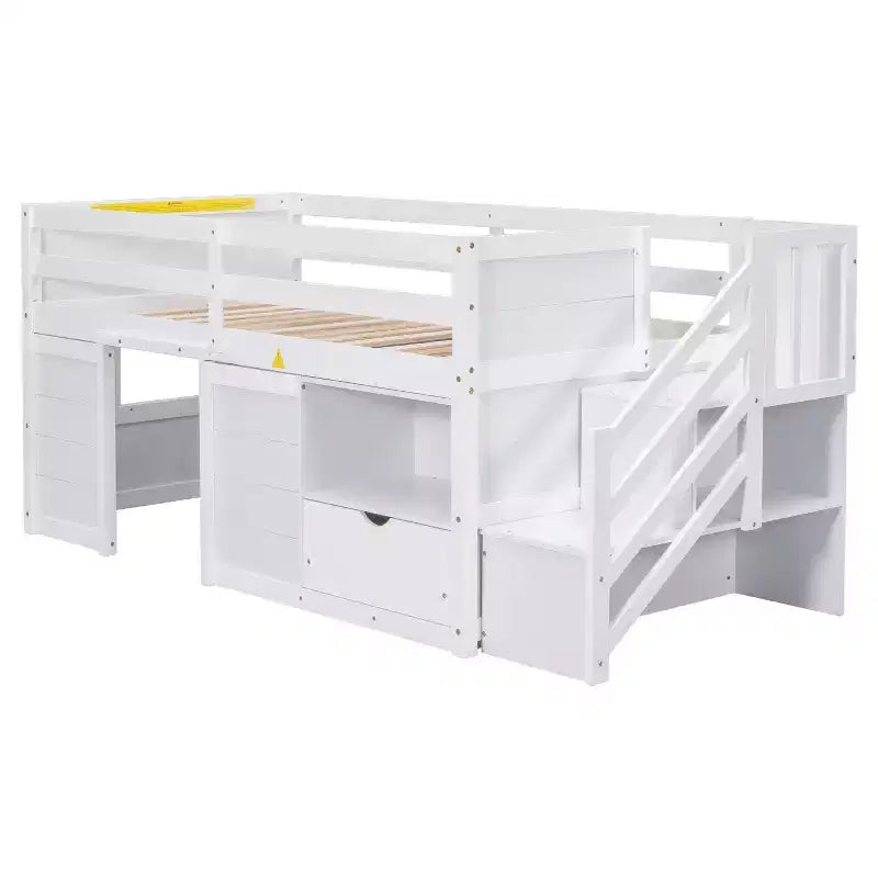 Lit mezzanine bas en bois massif, taille double, avec escalier, tiroir et étagère, design moderne et épuré, 94,6 L x 42,3 l po