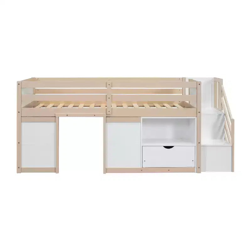 Lit mezzanine bas en bois massif, taille double, avec escalier, tiroir et étagère, design moderne et épuré, 94,6 L x 42,3 l po