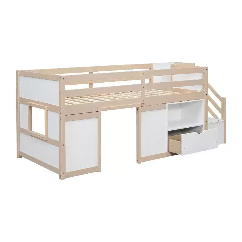 Lit mezzanine bas en bois massif, taille double, avec escalier, tiroir et étagère, design moderne et épuré, 94,6 L x 42,3 l po