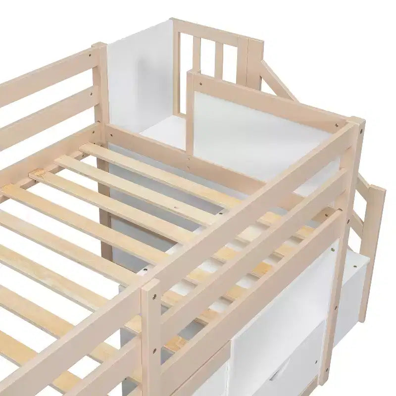 Lit mezzanine bas en bois massif, taille double, avec escalier, tiroir et étagère, design moderne et épuré, 94,6 L x 42,3 l po
