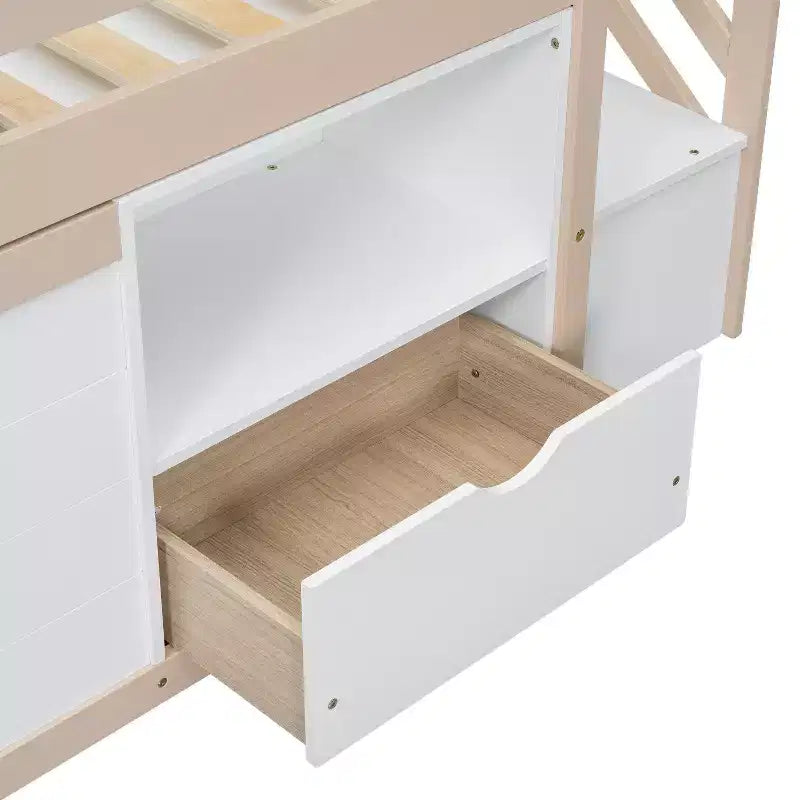 Lit mezzanine bas en bois massif, taille double, avec escalier, tiroir et étagère, design moderne et épuré, 94,6 L x 42,3 l po