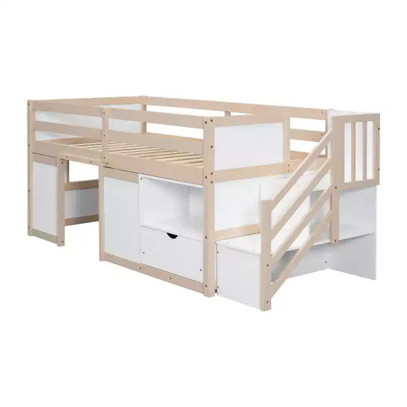 Lit mezzanine bas en bois massif, taille double, avec escalier, tiroir et étagère, design moderne et épuré, 94,6 L x 42,3 l po