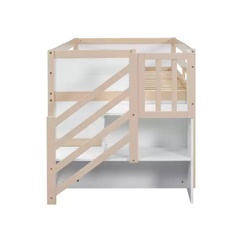 Lit mezzanine bas en bois massif, taille double, avec escalier, tiroir et étagère, design moderne et épuré, 94,6 L x 42,3 l po