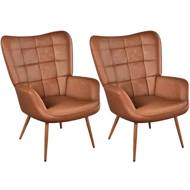 Yaheetech Set of 2 Mid-century Tufted High Back Faux Leather Accent Chair with Wood-tone Metal Leg for Living Room Bedroom Apartment