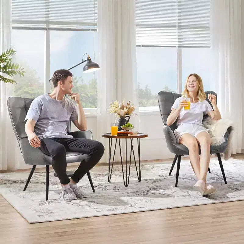 Yaheetech Lot de 2 fauteuils d'appoint touffetés à dossier haut en similicuir d'inspiration mi-siècle avec pieds en métal imitation bois pour salon, chambre à coucher, appartement
