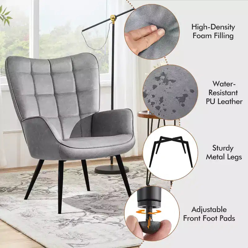 Yaheetech Lot de 2 fauteuils d'appoint touffetés à dossier haut en similicuir d'inspiration mi-siècle avec pieds en métal imitation bois pour salon, chambre à coucher, appartement