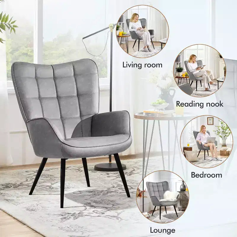 Yaheetech Lot de 2 fauteuils d'appoint touffetés à dossier haut en similicuir d'inspiration mi-siècle avec pieds en métal imitation bois pour salon, chambre à coucher, appartement