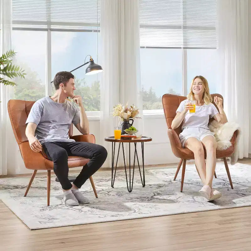 Yaheetech Lot de 2 fauteuils d'appoint touffetés à dossier haut en similicuir d'inspiration mi-siècle avec pieds en métal imitation bois pour salon, chambre à coucher, appartement