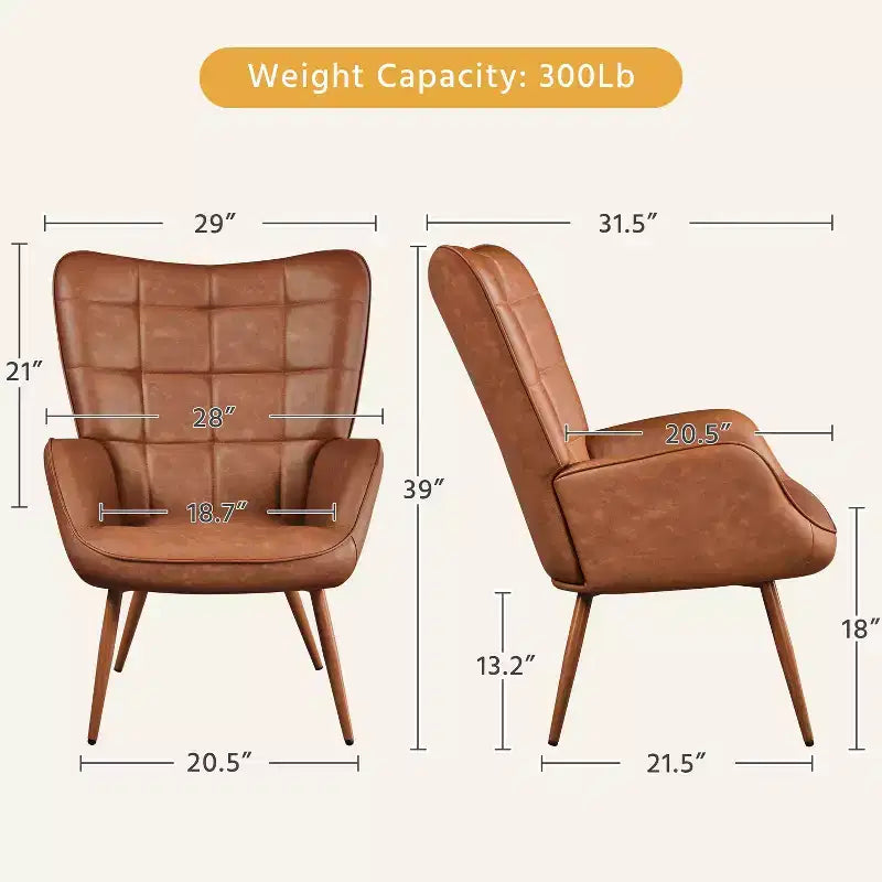 Yaheetech Lot de 2 fauteuils d'appoint touffetés à dossier haut en similicuir d'inspiration mi-siècle avec pieds en métal imitation bois pour salon, chambre à coucher, appartement