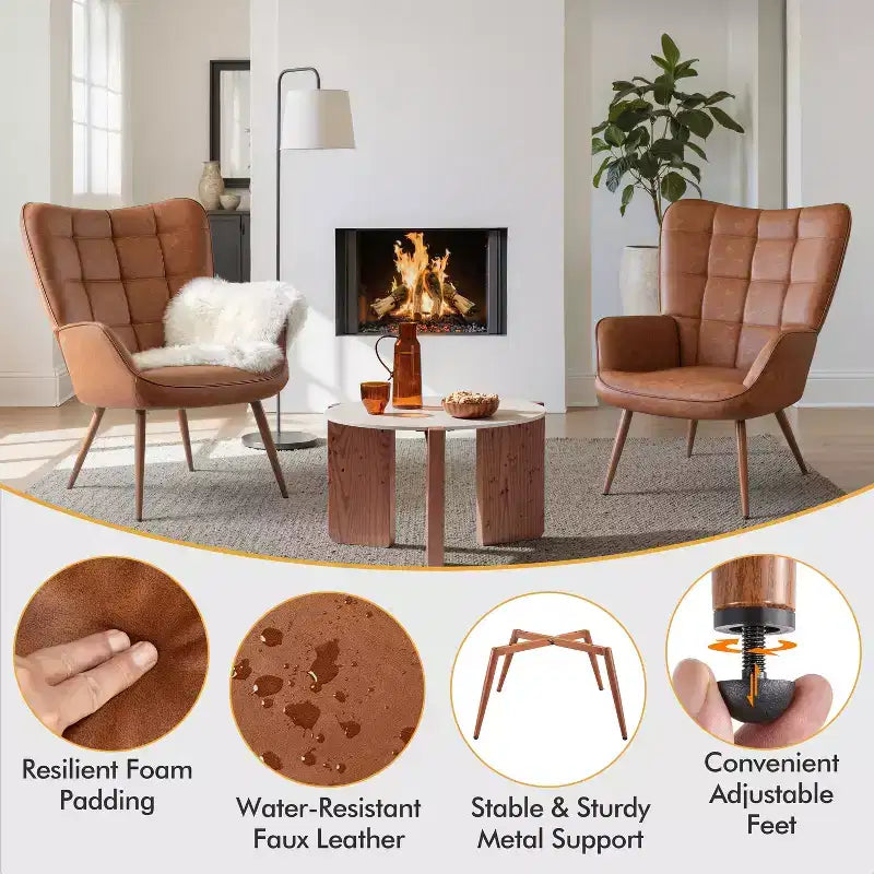 Yaheetech Lot de 2 fauteuils d'appoint touffetés à dossier haut en similicuir d'inspiration mi-siècle avec pieds en métal imitation bois pour salon, chambre à coucher, appartement