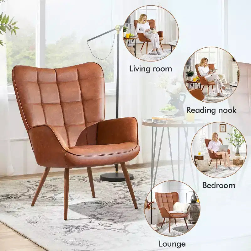 Yaheetech Lot de 2 fauteuils d'appoint touffetés à dossier haut en similicuir d'inspiration mi-siècle avec pieds en métal imitation bois pour salon, chambre à coucher, appartement