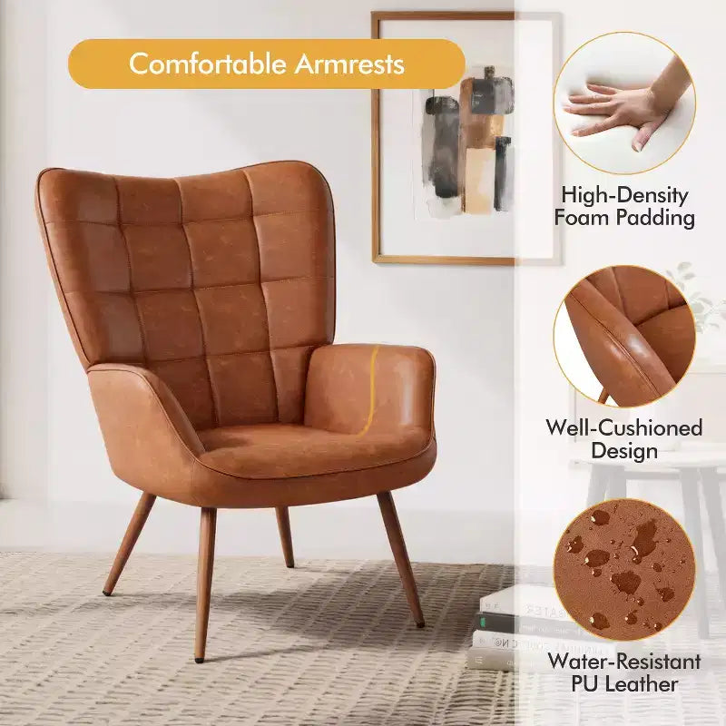 Yaheetech Lot de 2 fauteuils d'appoint touffetés à dossier haut en similicuir d'inspiration mi-siècle avec pieds en métal imitation bois pour salon, chambre à coucher, appartement