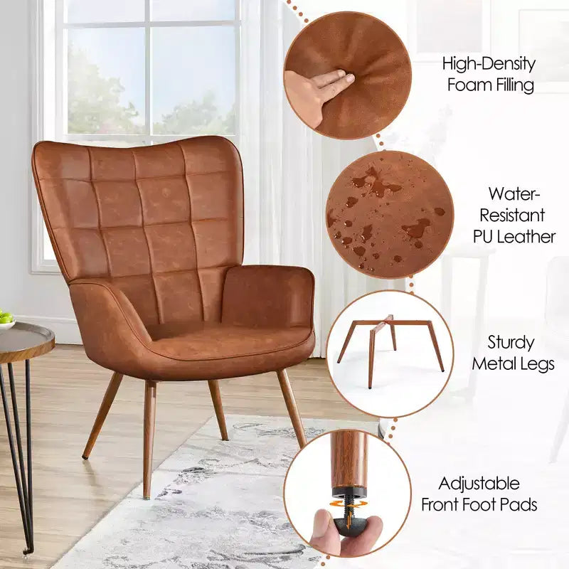 Yaheetech Lot de 2 fauteuils d'appoint touffetés à dossier haut en similicuir d'inspiration mi-siècle avec pieds en métal imitation bois pour salon, chambre à coucher, appartement