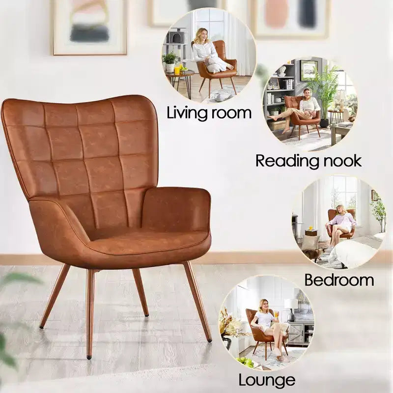 Yaheetech Lot de 2 fauteuils d'appoint touffetés à dossier haut en similicuir d'inspiration mi-siècle avec pieds en métal imitation bois pour salon, chambre à coucher, appartement