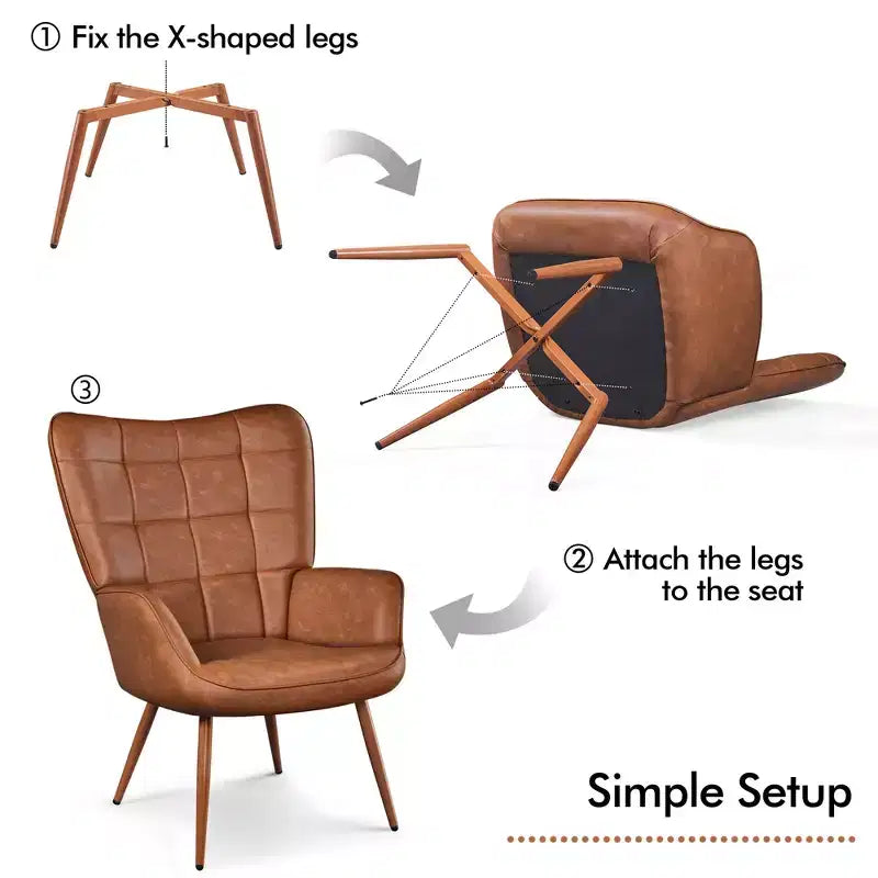 Yaheetech Lot de 2 fauteuils d'appoint touffetés à dossier haut en similicuir d'inspiration mi-siècle avec pieds en métal imitation bois pour salon, chambre à coucher, appartement