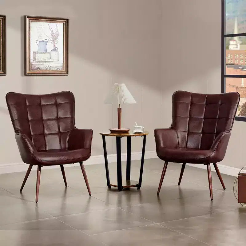 Yaheetech Lot de 2 fauteuils d'appoint touffetés à dossier haut en similicuir d'inspiration mi-siècle avec pieds en métal imitation bois pour salon, chambre à coucher, appartement