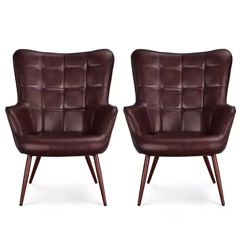 Yaheetech Lot de 2 fauteuils d'appoint touffetés à dossier haut en similicuir d'inspiration mi-siècle avec pieds en métal imitation bois pour salon, chambre à coucher, appartement