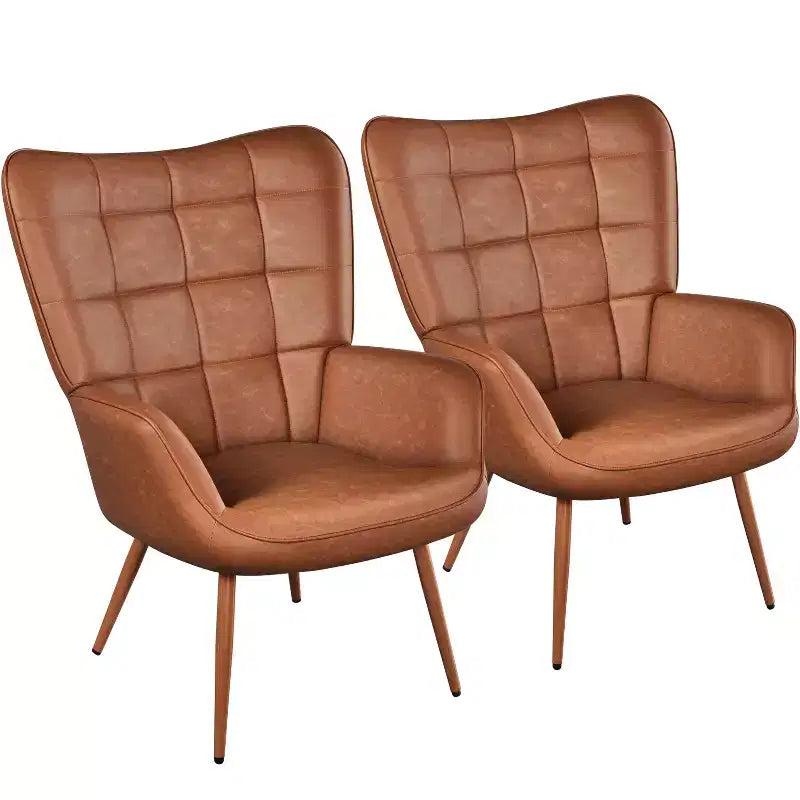 Yaheetech Lot de 2 fauteuils d'appoint touffetés à dossier haut en similicuir d'inspiration mi-siècle avec pieds en métal imitation bois pour salon, chambre à coucher, appartement