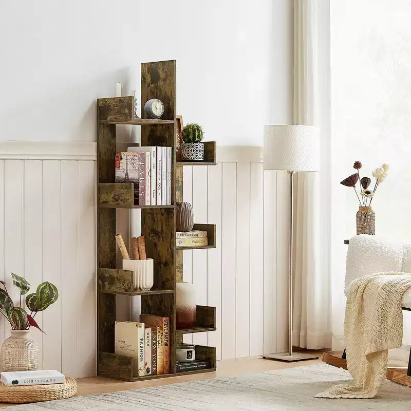 VECELO Tree Bookshelf, Geometric 8 Shelf Tree Bookcase Wood Bookshelves Display, Tree-Shaped Shelf Racks Organizer for Living Room Home Office