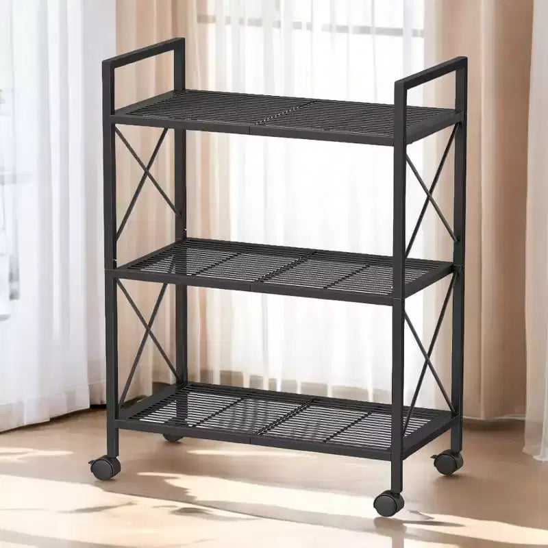 3-Tier Metal Storage Rack with Wheels, Storage Organizer, Plant Stand, Mesh Shelving and X Side Frames, 23.6-Inch Width, for Entryway