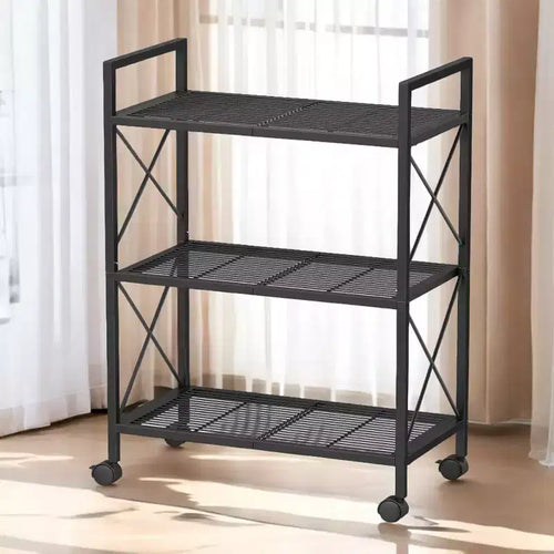 3-Tier Metal Storage Rack with Wheels, Storage Organizer, Plant Stand, Mesh Shelving and X Side Frames, 23.6-Inch Width, for Entryway