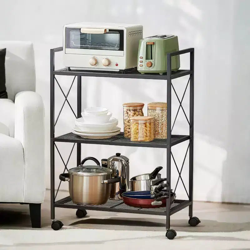 Étagère de rangement métallique à 3 niveaux avec roulettes, organisateur de rangement, support pour plantes, étagères grillagées et cadres latéraux en X, largeur de 60 cm, pour entrée