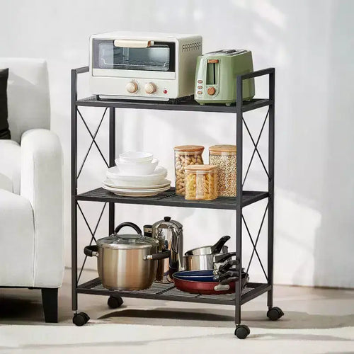 Étagère de rangement métallique à 3 niveaux avec roulettes, organisateur de rangement, support pour plantes, étagères grillagées et cadres latéraux en X, largeur de 60 cm, pour entrée
