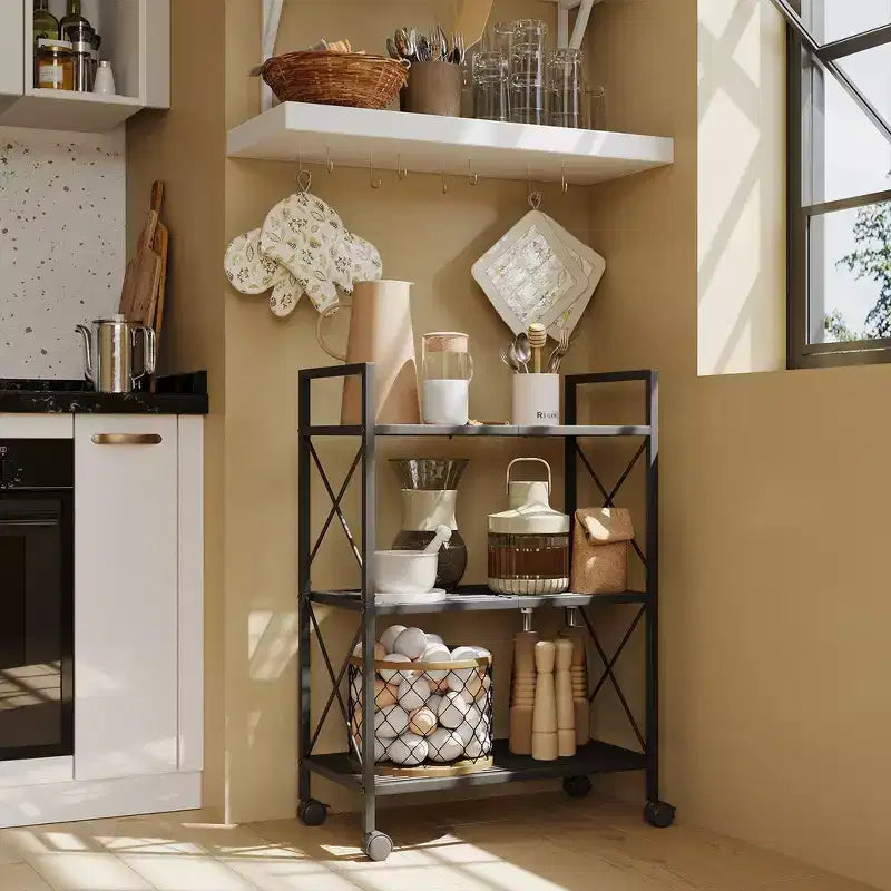 Étagère de rangement métallique à 3 niveaux avec roulettes, organisateur de rangement, support pour plantes, étagères grillagées et cadres latéraux en X, largeur de 60 cm, pour entrée